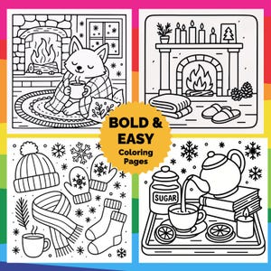 May include: Black and white line art coloring pages with winter themes. The images include a fox by a fireplace, a fireplace with candles, winter accessories, and a tea set. The text "BOLD & EASY Coloring Pages" is in a yellow circle.
