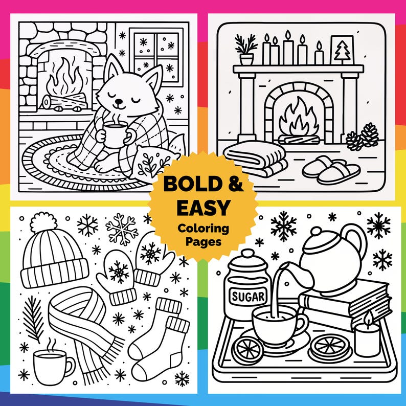 May include: Black and white line art coloring pages with winter themes. The images include a fox by a fireplace, a fireplace with candles, winter accessories, and a tea set. The text "BOLD & EASY Coloring Pages" is in a yellow circle.
