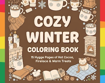 Può includere: Copertina di un libro da colorare marrone con le parole "COZY WINTER COLORING BOOK" e illustrazioni di cioccolata calda, biscotti e un camino. Il testo "INSTANT DOWNLOAD" è in basso.