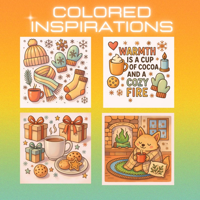May include: A colorful illustration with the text "COLORED INSPIRATIONS". The image features four square illustrations with winter and cozy themes. One shows winter accessories, another has a quote about warmth, and the others depict gifts and a fox by a fireplace.
