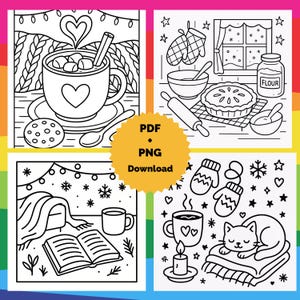 May include: Black and white line art illustrations of cozy winter scenes. Images include a mug of hot chocolate, a pie, a book, and a cat. The text "PDF + PNG Download" is in a yellow circle.