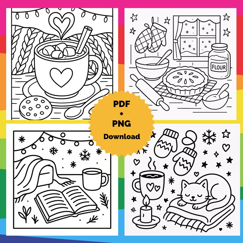 May include: Black and white line art illustrations of cozy winter scenes. Images include a mug of hot chocolate, a pie, a book, and a cat. The text "PDF + PNG Download" is in a yellow circle.