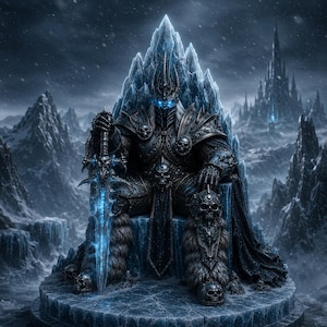 May include: A dark armored figure with glowing blue eyes sits on a jagged ice throne, wearing a spiked crown and skull-adorned armor. The figure holds a large, glowing blue sword upright, set against a backdrop of snowy mountains and a dark castle.