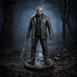 May include: A detailed collectible figurine of a character wearing a weathered, perforated hockey mask, a dark brown textured jacket, and dark trousers. The figure stands on a circular base, holding a long, metallic blade in the right hand.