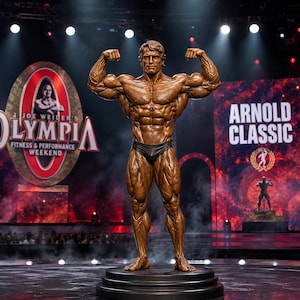 May include: A bronze-colored statue of a bodybuilder in a double bicep pose, wearing black trunks. The figure stands on a circular tiered base. The background features large illuminated signs reading Olympia Fitness & Performance Weekend and Arnold Classic.