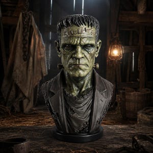 May include: A detailed bust of Frankenstein's monster featuring green skin, a flat-top hairstyle, visible forehead stitches, and metallic neck bolts. The figure wears a dark, distressed jacket over a tattered shirt, set on a circular black base.