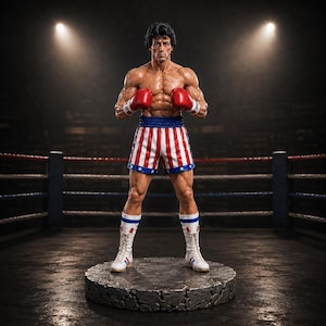 May include: A detailed figurine of a muscular boxer standing in a fighting stance. The figure wears red boxing gloves, white boxing boots with blue and red stripes, and shorts featuring a red and white vertical stripe pattern with a blue waistband.