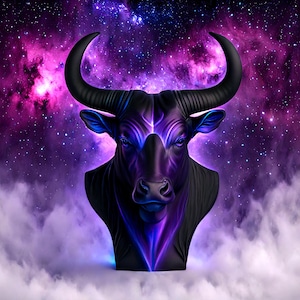 May include: A digital artwork of a black bull bust with large curved horns, set against a vibrant cosmic background of purple and pink nebulas and stars. The bull's features are highlighted with blue and purple light, creating a celestial theme.