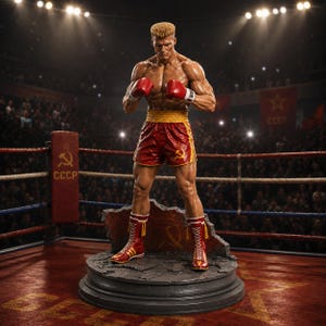 Può includere: Una statuetta di pugile muscoloso con capelli biondi corti, che indossa pantaloncini da boxe rossi e gialli con un emblema di martello e falce, guanti da boxe rossi e stivali rossi stringati. La figura poggia su una base circolare.