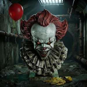 May include: A detailed bust of a clown character with a pale, cracked face, glowing orange eyes, and sharp teeth. The figure features voluminous red hair and a ruffled, layered collar. A single red balloon floats nearby, and a yellow raincoat lies below.