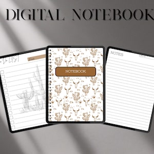 Może przedstawiać: Trzy cyfrowe notatniki w stylu western. Środkowy notatnik ma brązową okładkę ze słowem "NOTEBOOK" i wzorem kaktusów i czaszek byków. Dwa pozostałe notatniki mają strony w linie i listę rzeczy do zrobienia. U góry widnieje napis "DIGITAL NOTEBOOK".
