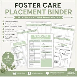 Puede incluir: Un archivador imprimible de colocación en hogares de acogida con formularios para la organización. Incluye un formulario de admisión, un rastreador de citas médicas, un registro de medicamentos y más. El paquete incluye 8 formularios imprimibles.