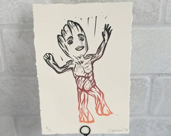 Baby Groot Linocut, handprinted, 5x7