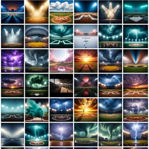 Puede incluir: Una colección de imágenes de arte digital que representan campos de béisbol en diversas condiciones dramáticas. Las escenas incluyen tormentas eléctricas, tornados, puestas de sol y lunas llenas, con luces de estadio iluminando los campos.