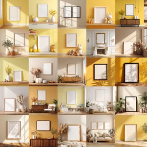May include: A collection of blank picture frames in various sizes and styles, displayed in different interior settings. The frames are in rooms with yellow and neutral color schemes, with decorative elements.