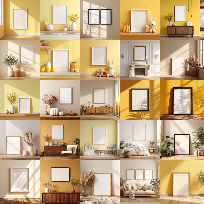 May include: A collection of blank picture frames in various sizes and styles, displayed in different interior settings. The frames are in rooms with yellow and neutral color schemes, with decorative elements.