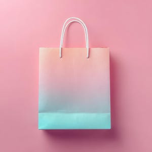 May include: A pastel-colored shopping bag with a gradient design. The bag transitions from peach to light blue, with white rope handles. The background is a solid pink.