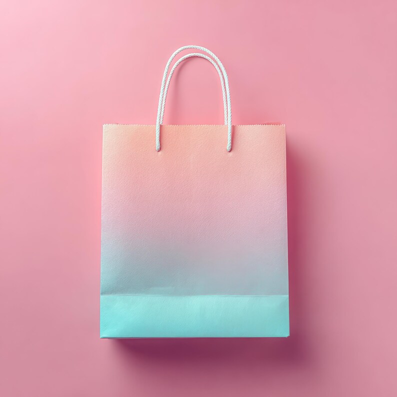 May include: A pastel-colored shopping bag with a gradient design. The bag transitions from peach to light blue, with white rope handles. The background is a solid pink.