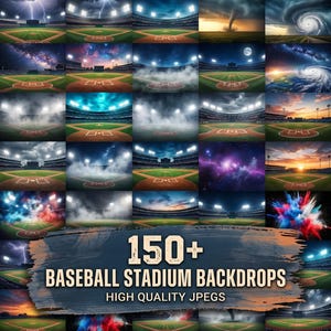 May include: A digital collection of 150+ baseball stadium backdrops featuring various atmospheric conditions including lightning, storms, fog, starry night skies, sunsets, and colorful smoke explosions, presented as high-quality JPEG image files.