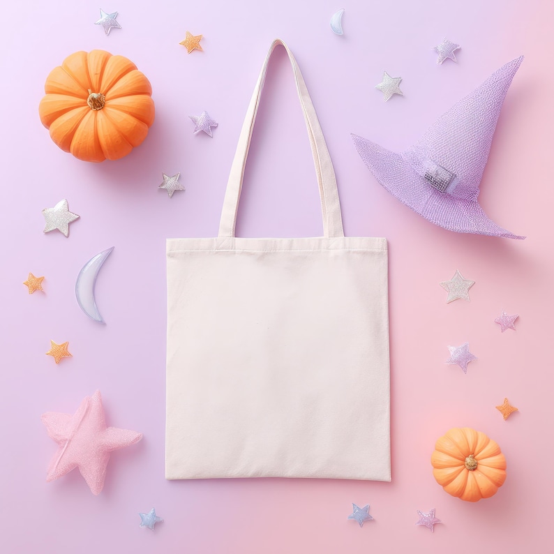 May include: A blank, off-white tote bag with long handles, surrounded by Halloween-themed decorations. The decorations include orange pumpkins, a lavender witch hat, star and moon-shaped ornaments, all set against a two-tone pink and purple background.