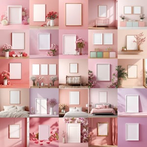 May include: A collage of framed art prints in various settings, including bedrooms and living spaces. The frames are in white and gold, with blank white spaces for artwork. The rooms are decorated with flowers and soft, pastel colors.