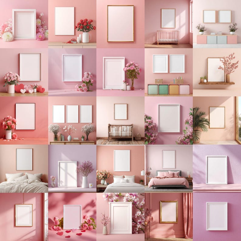 May include: A collage of framed art prints in various settings, including bedrooms and living spaces. The frames are in white and gold, with blank white spaces for artwork. The rooms are decorated with flowers and soft, pastel colors.