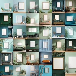 May include: A collection of framed art prints displayed in various interior settings. The frames vary in color and style, with white matting and blank white spaces for artwork. The backgrounds feature different wall colors and decor.