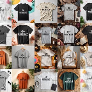 May include: A collection of twenty short-sleeved t-shirts in various colours including white, black, grey, and orange. Each shirt features a central graphic with the text MOCKUP and PLACE YOUR DESIGN HERE. The shirts are displayed in different settings.