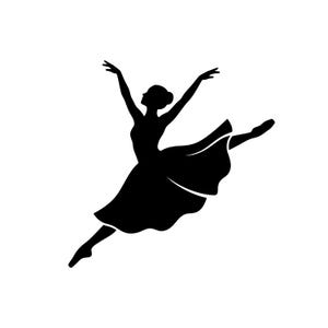 May include: A solid black silhouette of a ballet dancer in mid-air, captured in a dynamic leap. The figure has arms extended upward and outward, with one leg stretched behind and the other extended forward, wearing a flowing skirt.
