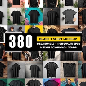 May include: A collage of black t-shirts in various styles and settings. The image includes a variety of mockups, including shirts on hangers, worn by people, and laid flat. Text on the image reads "380 BLACK T SHIRT MOCKUP MEGA BUNDLE HIGH QUALITY JPG'S INSTANT DOWNLOAD 300 DPI."