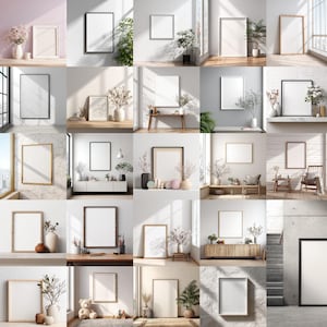 May include: A collection of framed art prints in various sizes and frame styles, displayed in different interior settings. The frames are in black, white, and natural wood tones, with blank white spaces for artwork. The settings include vases with flowers and plants.