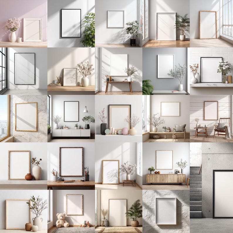 May include: A collection of framed art prints in various sizes and frame styles, displayed in different interior settings. The frames are in black, white, and natural wood tones, with blank white spaces for artwork. The settings include vases with flowers and plants.