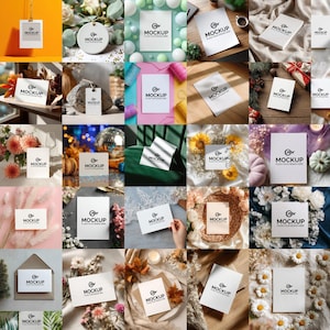 Peut inclure: Un collage de maquettes variées présentant des cartes blanches avec le mot "MOCKUP" imprimé dessus. Les cartes sont affichées dans différents contextes, notamment avec des fleurs, sur du tissu et avec des objets décoratifs. Les arrière-plans varient en couleur et en texture.