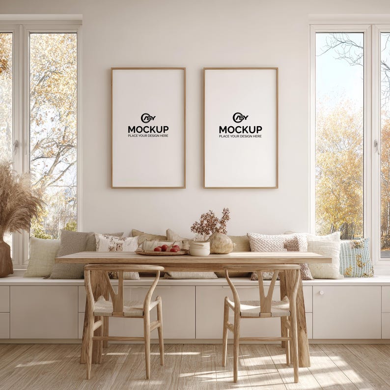 May include: A bright, airy dining room with two framed mockups on the wall. A wooden table with two chairs sits in front of a built-in bench with pillows. The windows offer a view of fall foliage. The mockups have the text "MOCKUP PLACE YOUR DESIGN HERE".