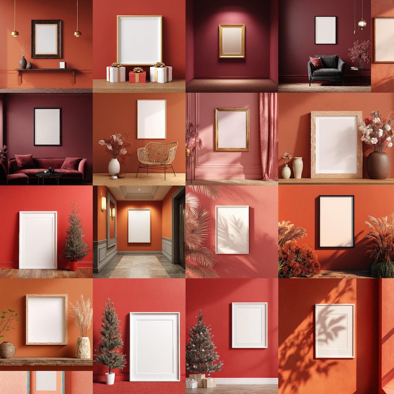 May include: A collection of framed art pieces and blank canvases displayed in various interior settings. The images showcase different frame styles, including gold, black, and natural wood, against warm-toned walls. Some scenes include decorative elements like plants and furniture.