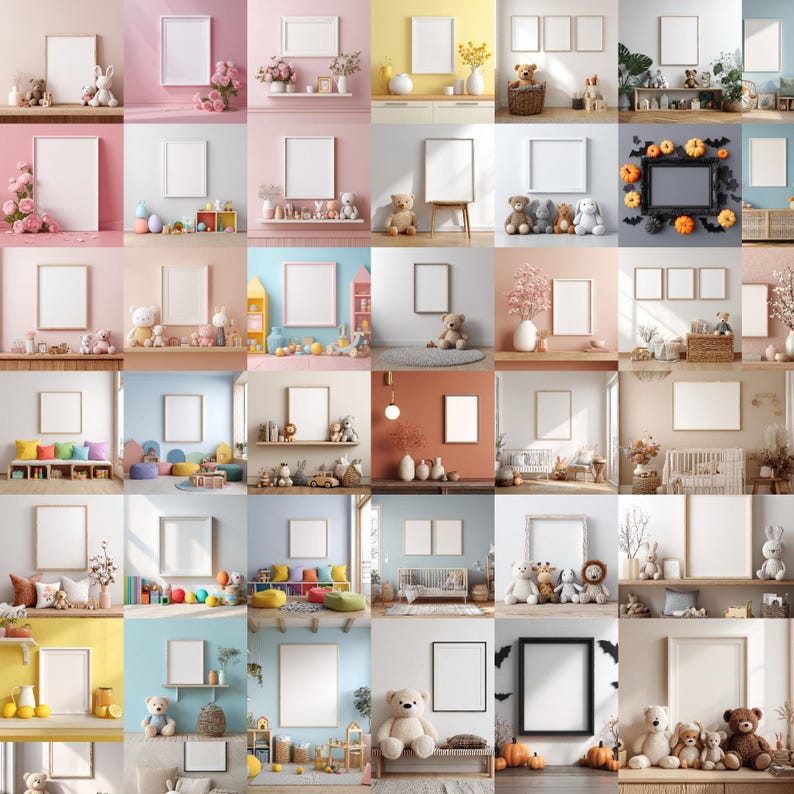 May include: A collection of framed art mockups in various settings. Each frame is empty, ready for artwork or photos. The backgrounds include shelves with toys, flowers, and decorative items, with a variety of colors.