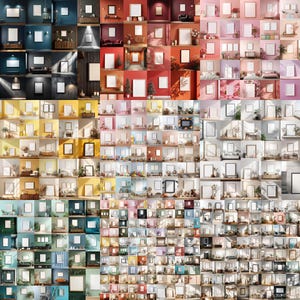 May include: A grid of interior design mockups, each featuring a blank white picture frame on a wall. The walls are painted in various colors, and the rooms are decorated with furniture and decor.