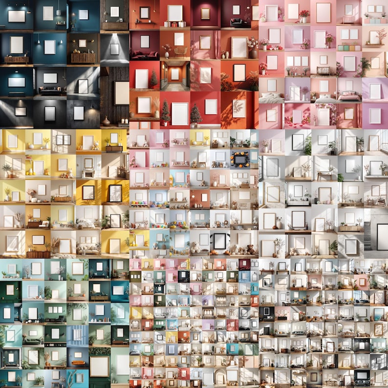 May include: A grid of interior design mockups, each featuring a blank white picture frame on a wall. The walls are painted in various colors, and the rooms are decorated with furniture and decor.