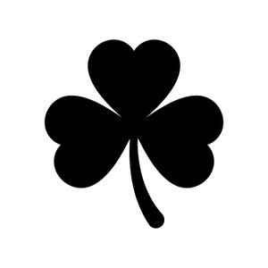 May include: A solid black silhouette of a three-leaf clover, also known as a shamrock, featuring three rounded heart-shaped leaflets arranged symmetrically around a central point with a single curved stem extending downwards from the base.