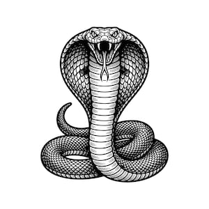 Op de afbeelding: Een zwart-witte grafische illustratie van een cobra in een defensieve houding met de kap gespreid, de bek open met zichtbare giftanden en een uitgestoken gespleten tong. De slang heeft gedetailleerde schubpatronen en arceringen.