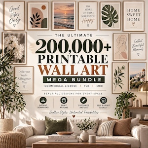 200 000+ utskrivbara väggkonstpaket, Mega Digital Konstsamling, Vintage, Abstrakt, Bohemisk & Estetisk Väggdekor, Kommersiellt Bruk, PLR MRR