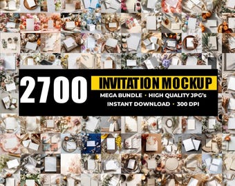 May include: A collage of invitation mockups with various designs and floral arrangements. The image features the text "2700 INVITATION MOCKUP" with details about a mega bundle, high-quality JPGs, and instant download at 300 DPI.