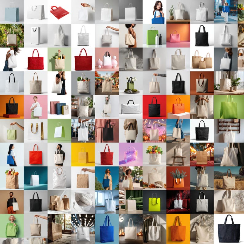 May include: A collage of various tote bags in different colors and materials. The bags include canvas, paper, and fabric options, with a range of handle styles. Some bags are plain, while others feature designs or are filled with items like groceries or flowers.