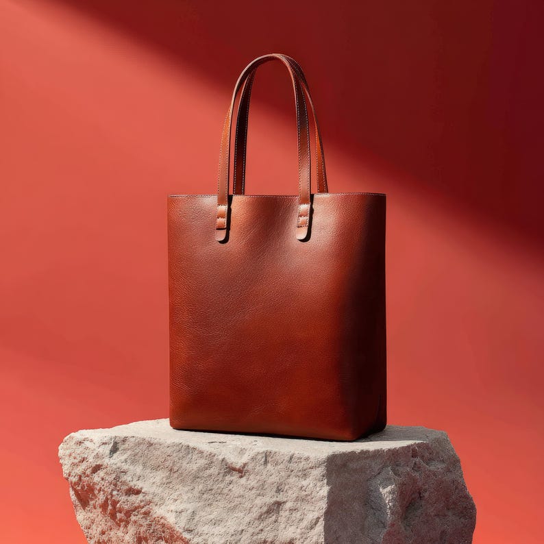 May include: A brown leather tote bag with two handles. The bag is rectangular and sits on a stone surface against a red background. The handles are attached to the bag with metal hardware.