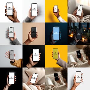 May include: A collage of smartphone mockups, each held in a hand against different coloured backgrounds. The phones show a blank white screen with the word "MOCKUP" and a logo. Backgrounds include white, yellow, beige, and black.