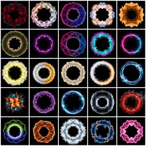 May include: A grid of 25 abstract circular designs, each with a unique color palette and texture. The designs include rings of smoke, glowing energy, and feathery textures, set against a black background. The colors range from vibrant reds and blues to softer pastels.