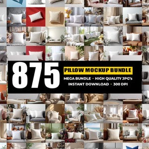 Może przedstawiać: Kolaż różnych poduszek w różnych stylach i kolorach, ułożonych w siatkę. Obraz zawiera różnorodne białe, kremowe i teksturowane poduszki. Nakładka tekstowa głosi "875 PILLOW MOCKUP BUNDLE" ze szczegółami dotyczącymi pakietu.