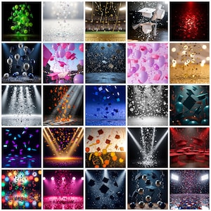 May include: A collage of images featuring celebratory themes. Images include falling confetti, graduation caps, balloons, and spotlights. Colors vary from silver and gold to pink, blue, and red, creating a festive and celebratory atmosphere.