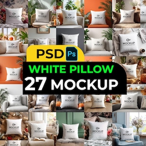 Puede incluir: Una composición de 27 maquetas de almohadas blancas, cada una en un entorno diferente. Las almohadas muestran un logotipo y la palabra "MOCKUP". La imagen incluye el texto "PSD Ps" y "WHITE PILLOW 27 MOCKUP" en una pancarta negra y amarilla.