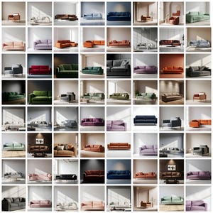 Pode incluir: Uma grade de vários sofás em diferentes cores e estilos. Os sofás variam de designs clássicos a modernos, com cores como azul, verde, laranja, rosa e cinza. Alguns têm chaise longues, e outros são seccionais. A imagem mostra uma variedade de opções de mobiliário.
